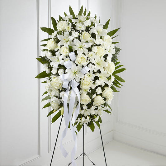 Exquisite Tribute Standing Spray-White Ribbon –  Ko Caffee Llc Dba Verde Galerie, Stamford CT