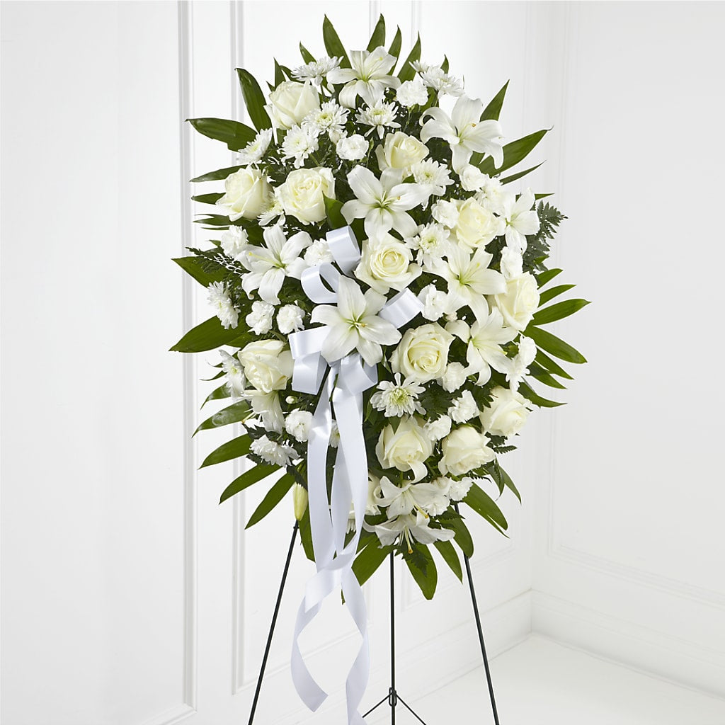 Exquisite Tribute Standing Spray-White Ribbon –  Ko Caffee Llc Dba Verde Galerie, Stamford CT