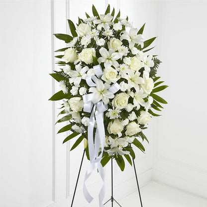 Exquisite Tribute Standing Spray-White Ribbon –  Ko Caffee Llc Dba Verde Galerie, Stamford CT